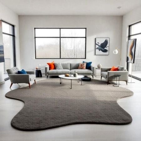 Handcrafted Solid Grey Organic Shape Modern Rug